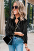 Black Frilled Neck Buttoned Front Velvet Top