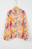 Orange Printed Floral Abstract Print Frilled V Neck Plus Size Blouse