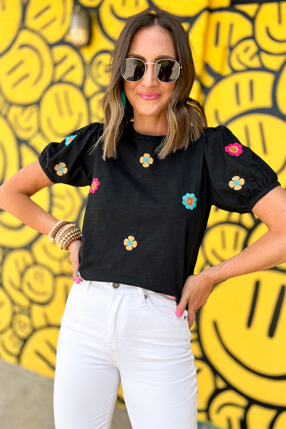 Black Embroidered Flower Short Puff Sleeve Tee