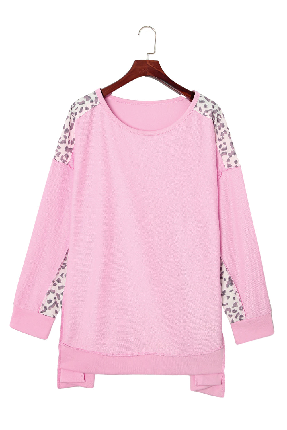 Pink Exposed Seam Leopard Splicing Plus Size Sweatshirt