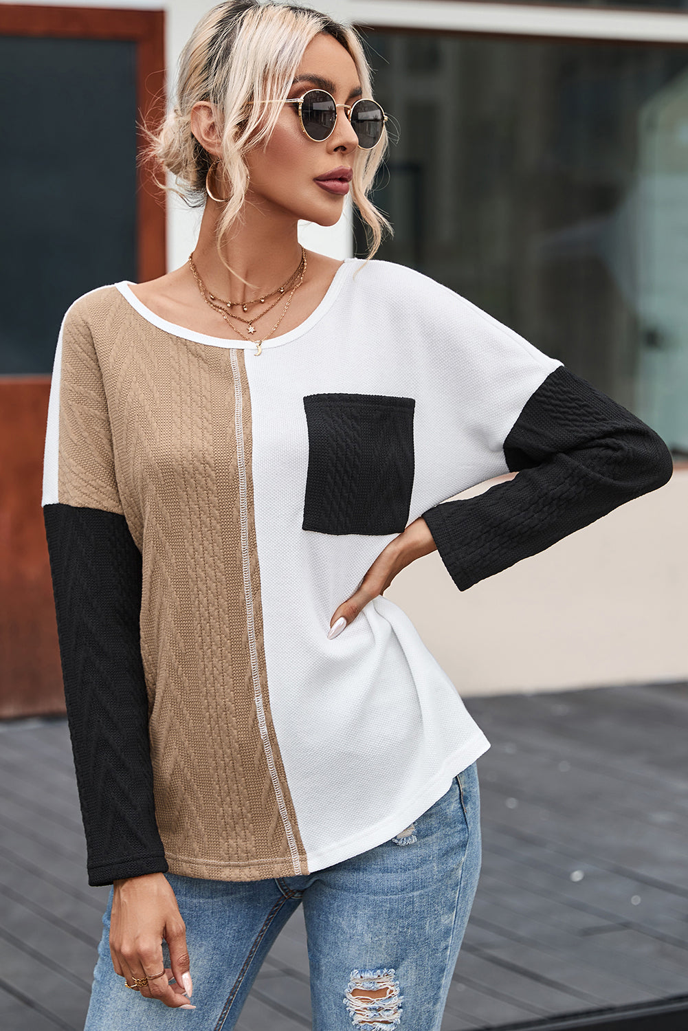 Black Long Sleeve Colorblock Chest Pocket Textured Knit Top