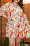 Multicolour Plus Size Mix Floral Puff Sleeve Ruffled Dress