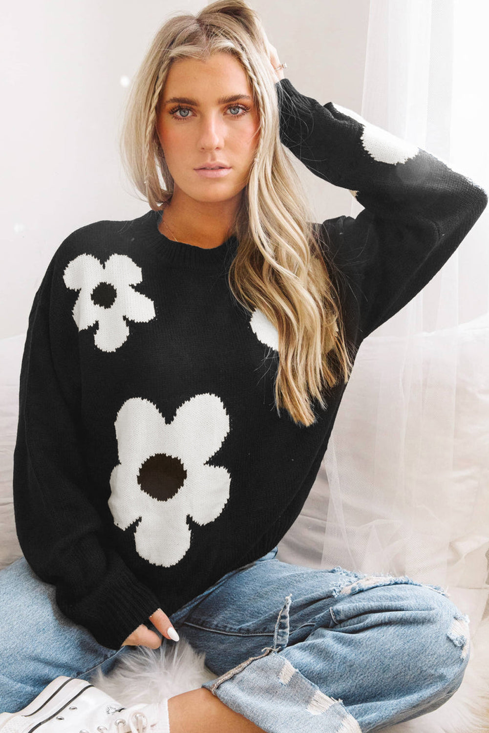 Black Big Flower Pattern Knit Sweater