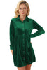 Green Long Sleeve Ruffle Velvet Button Up Dress