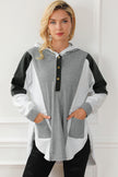 Gray Color Block Exposed Seam Buttoned Neckline Hoodie