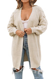 Khaki Open Front Cable Sleeve Long Cardigan