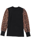 Black Leopard Print Long Sleeve Ribbed Knit Blouse