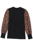 Black Leopard Print Long Sleeve Ribbed Knit Blouse