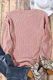 Pink Solid Ribbed Knit Round Neck Pullover Sweatshirt