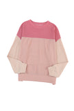 Pink Color Block Long Sleeve Ribbed Loose Top