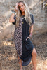 Black Contrast Solid Leopard Short Sleeve T-shirt Dress with Slits