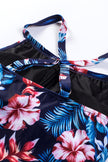 Black Floral Print Mesh Patchwork Criss Cross One-piece Swimsuit