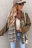 Brown Plaid Patchwork Pockets Denim Jacket