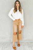 Brown Distressed Hollow-out High Waist Cropped Flare Jeans