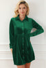 Green Long Sleeve Ruffle Velvet Button Up Dress