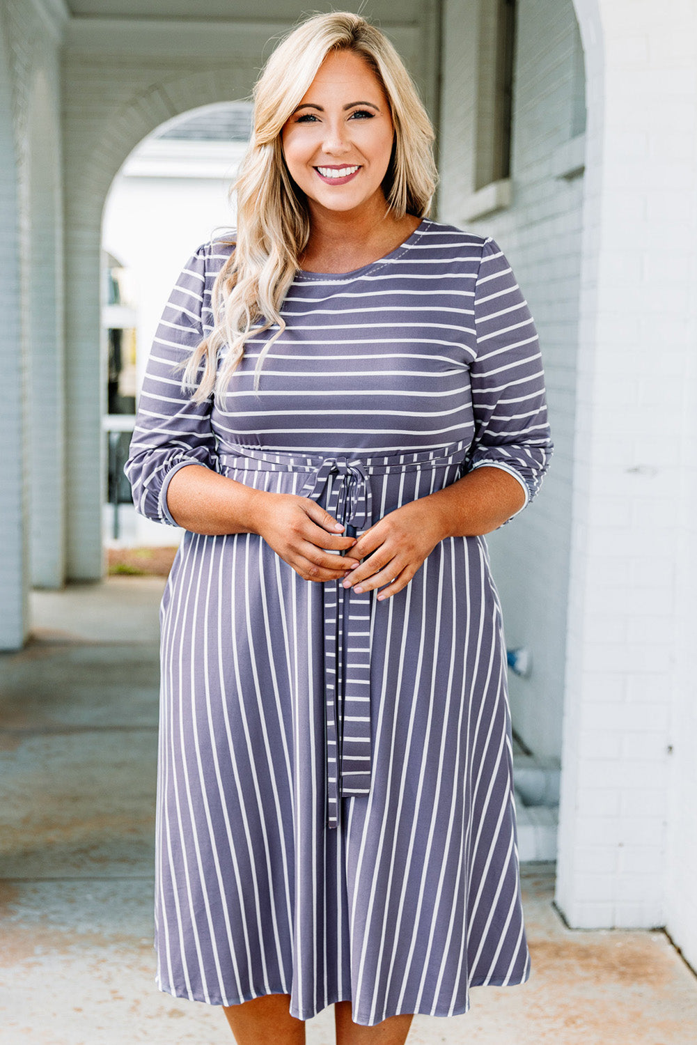 Gray Striped Tie Waist 3/4 Sleeve Plus Size Dress