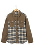 Brown Plaid Patchwork Pockets Denim Jacket