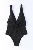 Black Deep V Neck Tie Waist One-piece Swimsuit