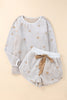 White Plush Star Pattern Long Sleeve Pullover and Shorts Lounge Set