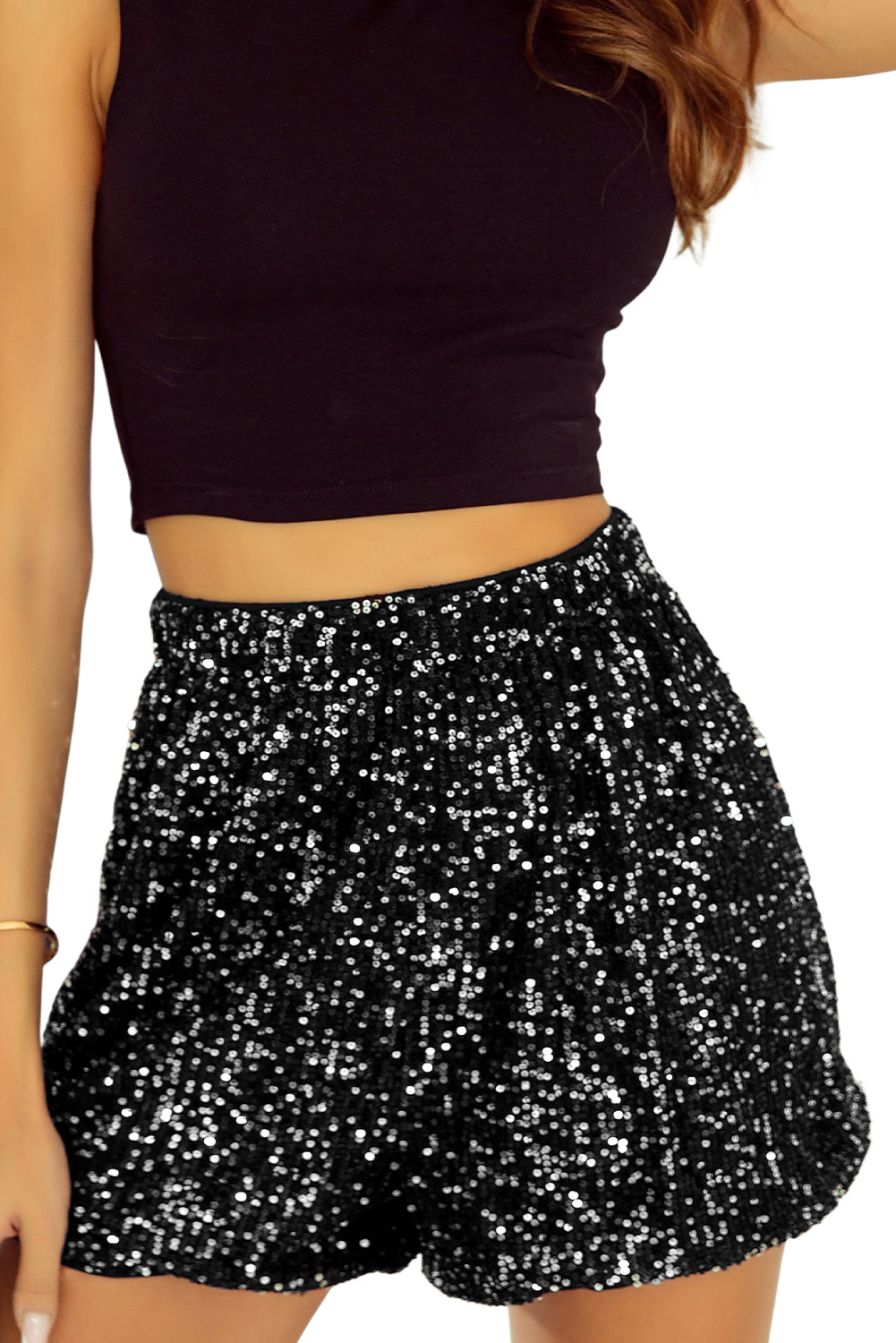 Black Sequin Straight Leg High Waist Casual Shorts