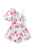 White Floral Single Bubble Sleeve Slant Shoulder Romper