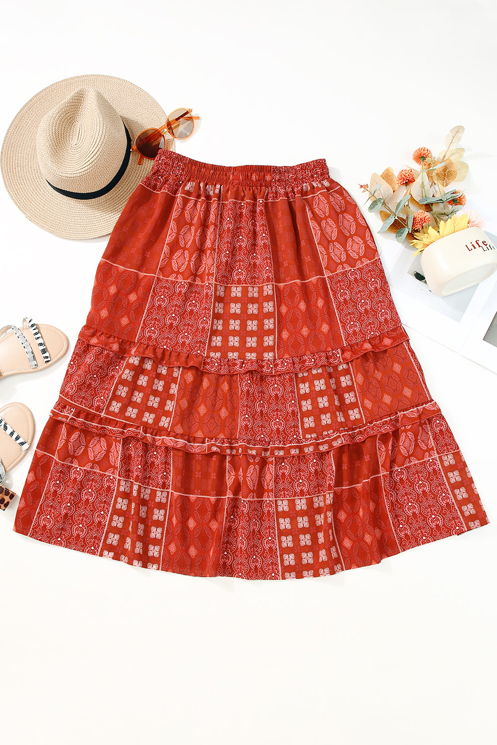 Fiery Red Bohemian Mix Print Long Flared Skirt