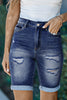 Blue Roll-up Distressed Bermuda Denim Shorts