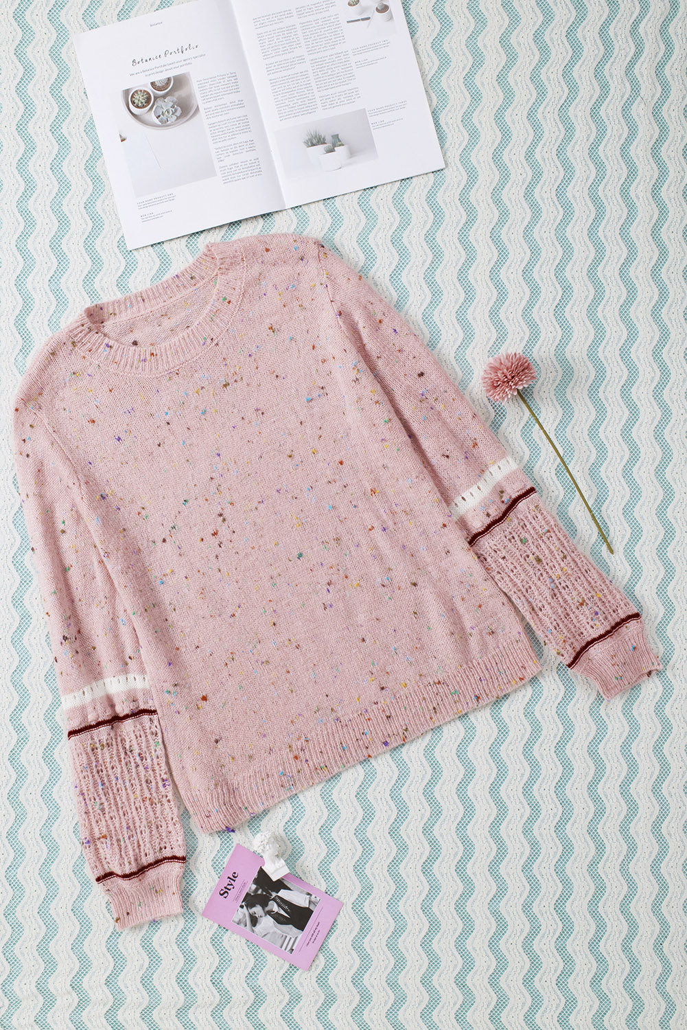 Pink Pilling Detail Patterned Sleeve Sweater