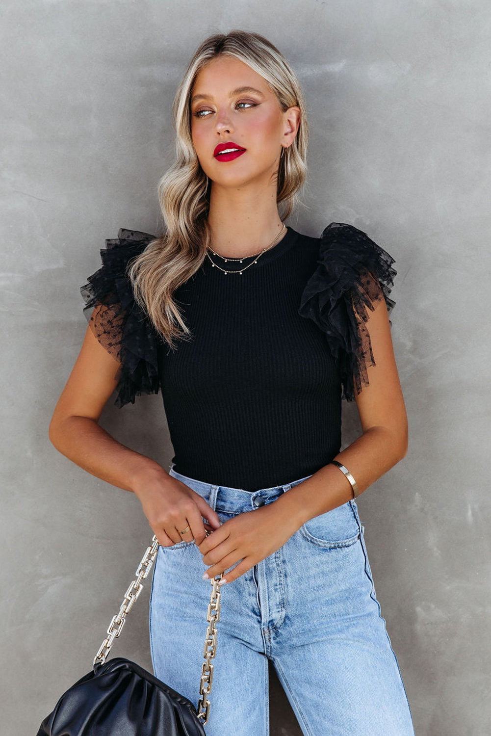 Black Dotty Mesh Ruffle Sleeve Ribbed Knit Top