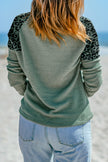 Green Leopard Waffle Knit Buttoned V Neck Blouse