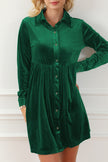 Green Long Sleeve Ruffle Velvet Button Up Dress