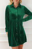 Green Long Sleeve Ruffle Velvet Button Up Dress