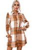 Khaki Plaid Pattern Collared Neck Ruffled Sleeve Shirt Dress