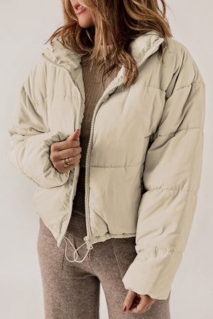 Apricot Zip Up Drawstring Hem Puffer Coat