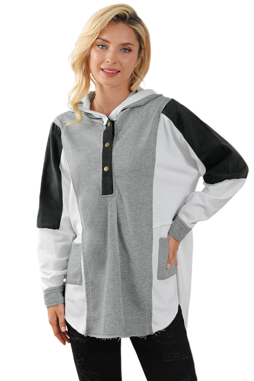 Gray Color Block Exposed Seam Buttoned Neckline Hoodie