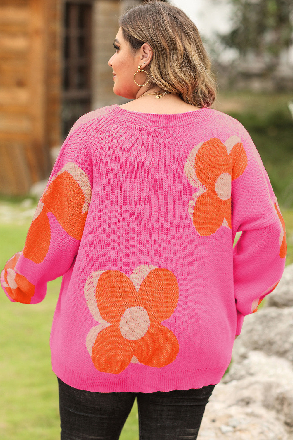 Bonbon Plus Size Flower Pattern Drop Shoulder Sweater