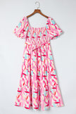 Pink Brush Stroke Printed Smocked Ruffle Tiered Dress