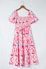 Pink Brush Stroke Printed Smocked Ruffle Tiered Dress