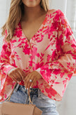 Pink Floral Print Tiered Bell Long Sleeve Buttoned Bodysuit