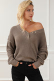 Khaki Pointelle Knit Button V Neck Drop Shoulder Sweater