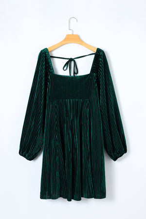 Green Tie Back Square Neck Velvet Babydoll Dress