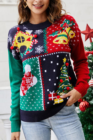 Navy Blue Christmas Decor Pattern Crew Neck Sweater