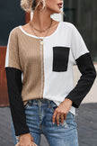 Black Long Sleeve Colorblock Chest Pocket Textured Knit Top