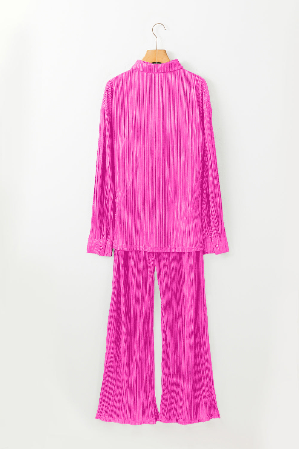 Rose Pleated Long Sleeve Shirt and Wide-Leg Pants Set