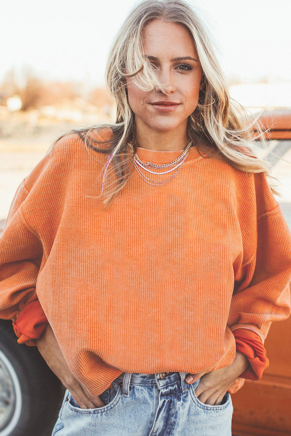 Orange Ribbed Corded Oversized Sweatshirt