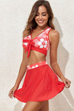 Fiery Red 3pcs Printed Crossed Top and A-line Skirt Bikini Set