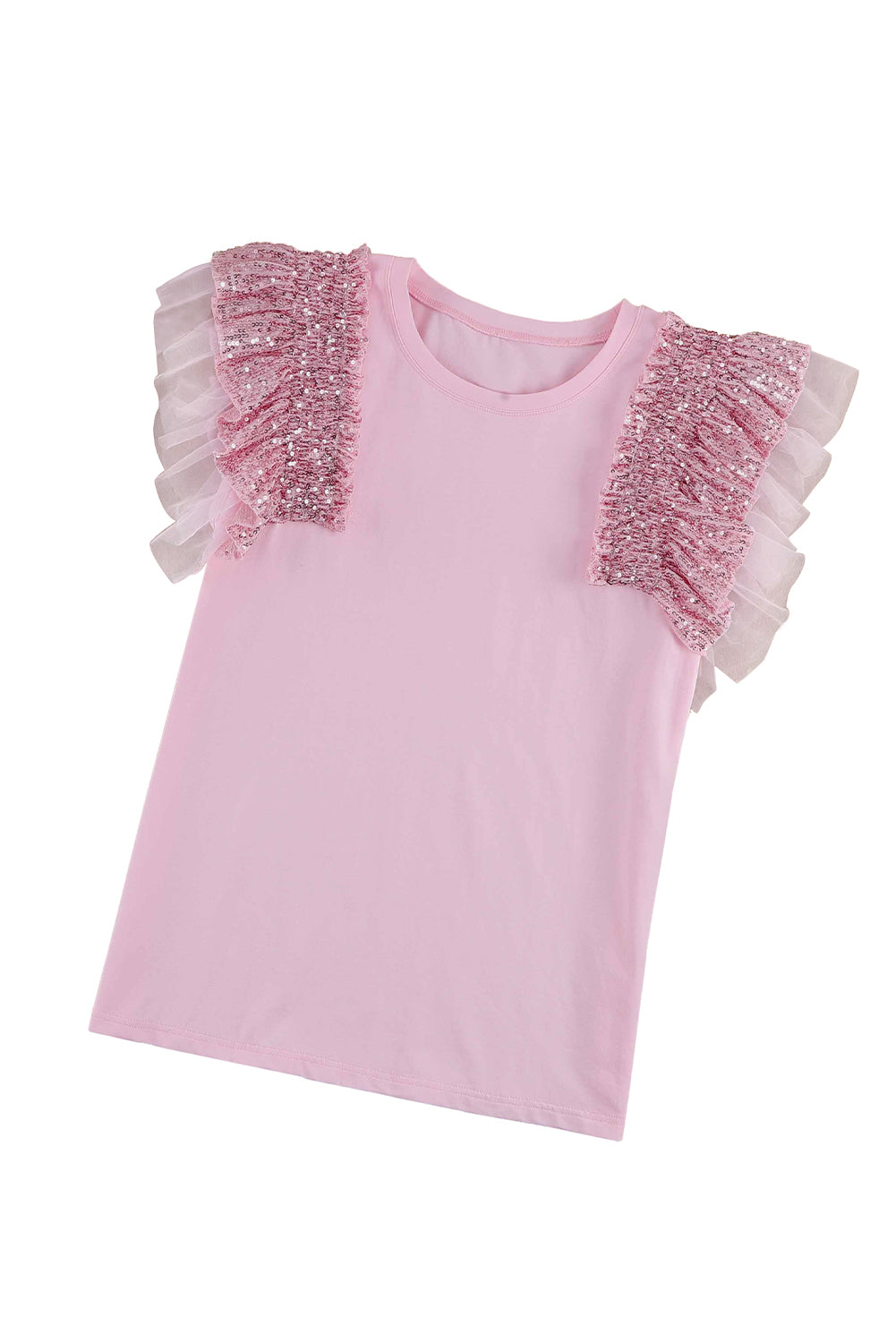 Pink Sequined Ruffle Mesh Sleeves Top