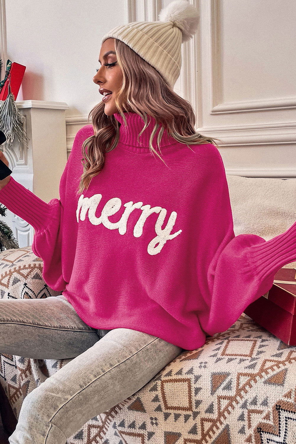 Rose Merry Letter Embroidered High Neck Sweater