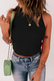 Black Rib Knit Crew Neck Sleeveless Crop Top