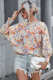 Multicolor Shirred Cuffs Bubble Sleeve Floral Blouse